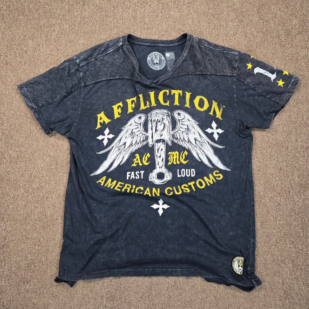 Y2K Affliction T Shirt Mens 2XL Black Acid Wash American Customs Biker MMA